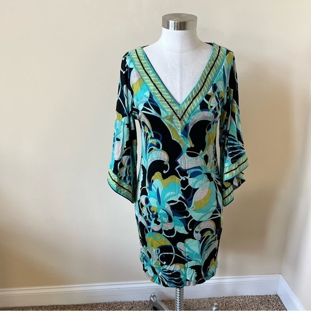 Trina Turk mod print patterned bell sleeve silk sheath dress 13625
